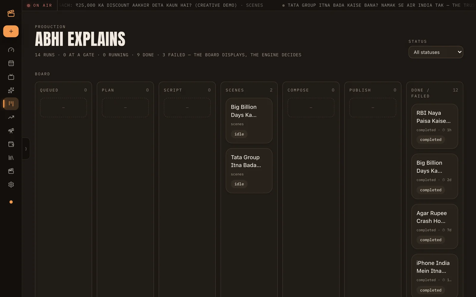 Production board with episodes moving through plan, script, scenes, compose and publish columns.